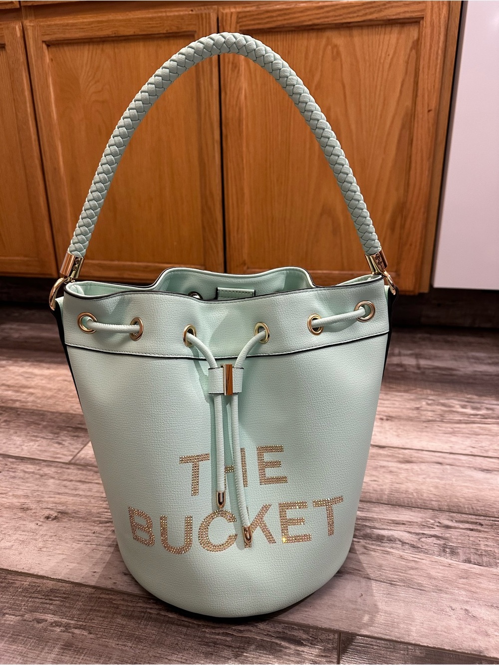 Source Unknown Mint Green Braided-Handle Bucket Bag with Gold Accents